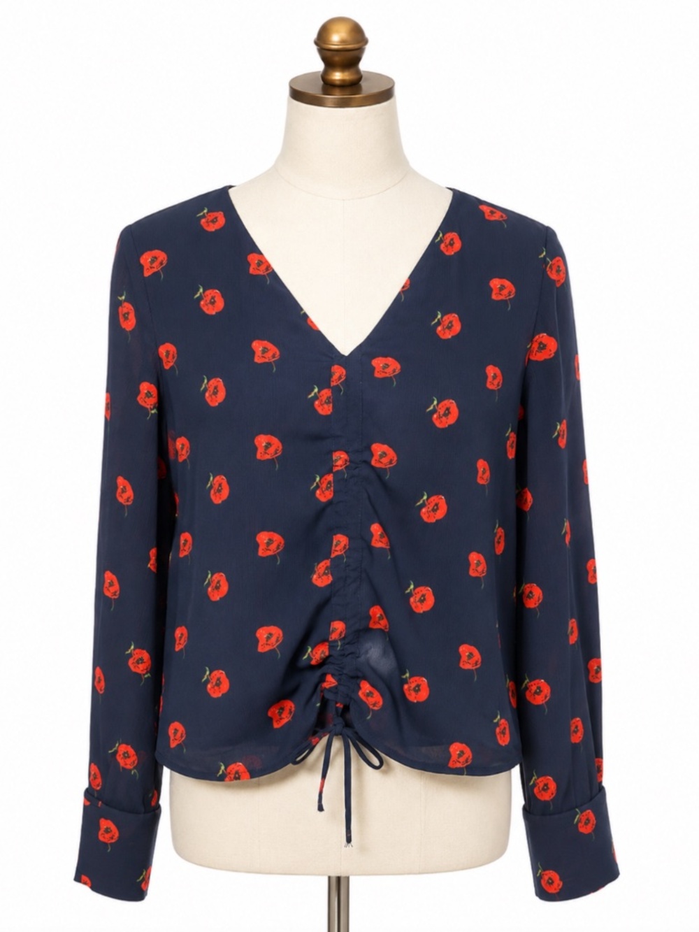Petite Studio NYC Poppy Print Ruched Blouse XS Navy Long Sleeve Top